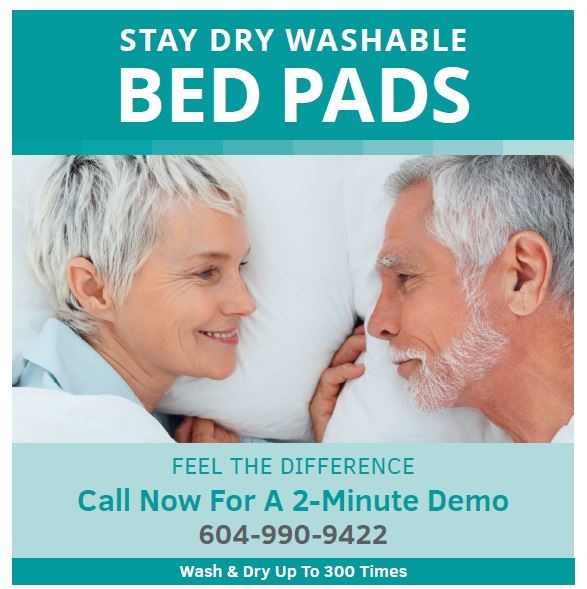 Image of graphic with two people on it and STAY DRY WASHABLE BED PADS text on it