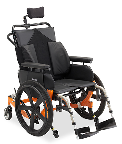 Broda Encore Pedal Wheelchair in orange with optional large wheels for self propelling.