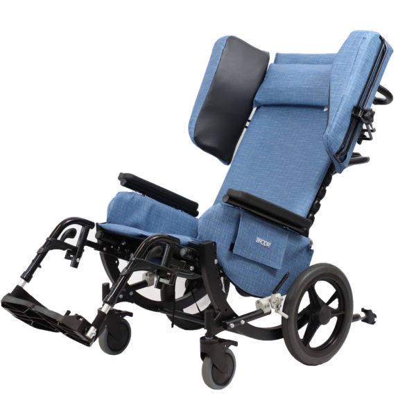 The Broda Encore Pedal Wheelchair with blue padding and laterals is in a slightly tilted position