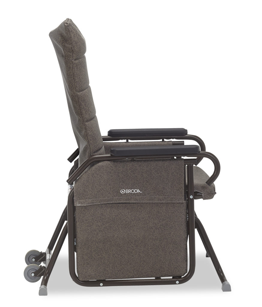 Broda Tranquille Glider Chair, brown, side view The Broda Tranquille Glider Chair in brown, shown from the side