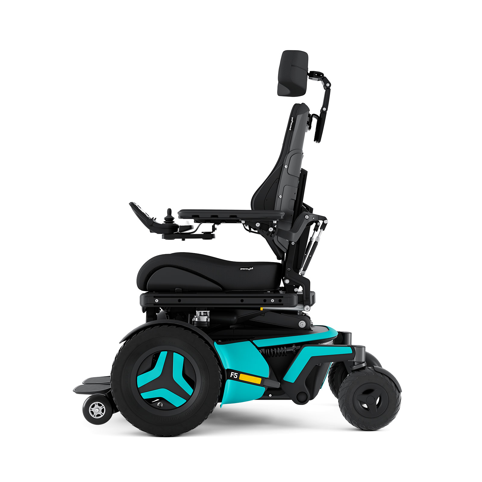 The Corpus F5 power chair with light blue accents is shown from the side. It has black rehab seating including a headrest.
