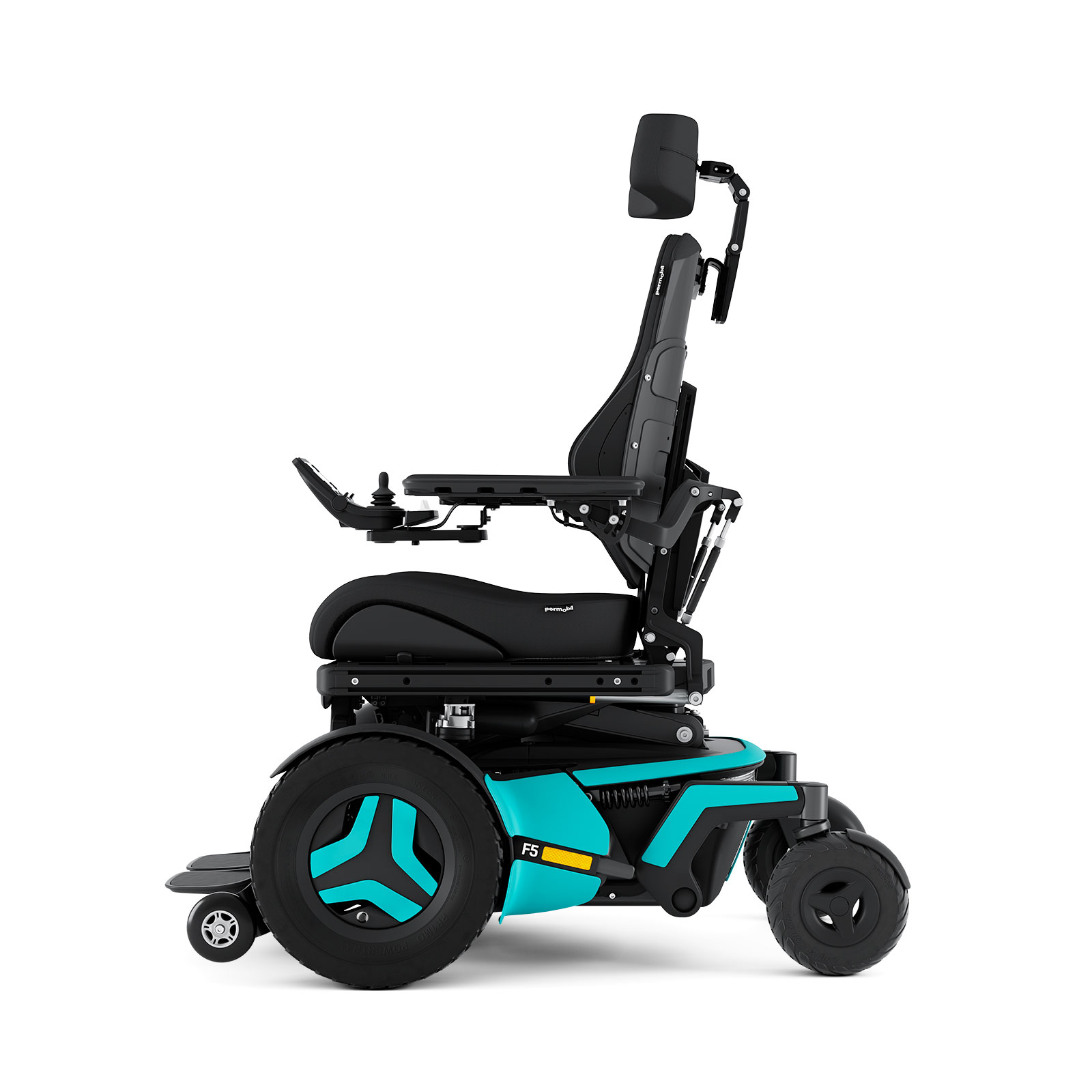Corpus F5, side view The Corpus F5 power chair with light blue accents is shown from the side. It has black rehab seating including a headrest.