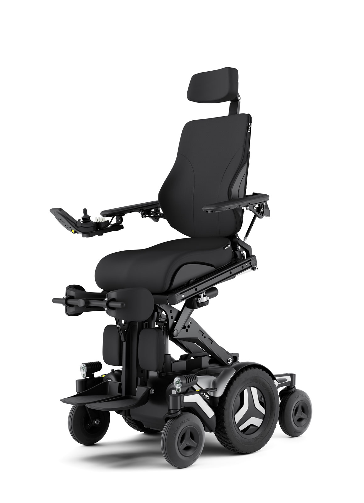 Corpus M5 in ActiveReach position The Corpus M5 power chair with white accents and black rehab seating is shown in the ActiveReach position using a combination of elevate and forward tilt.