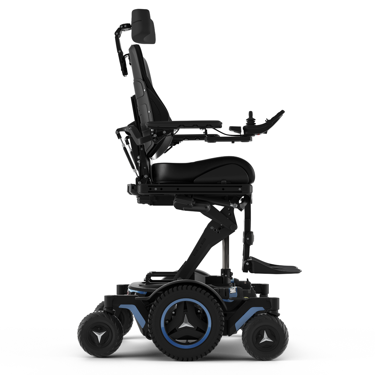 The Permobil Corpus M5 power chair with blue accents and black rehab seating is shown in an elevated position with the ActiveReach option.