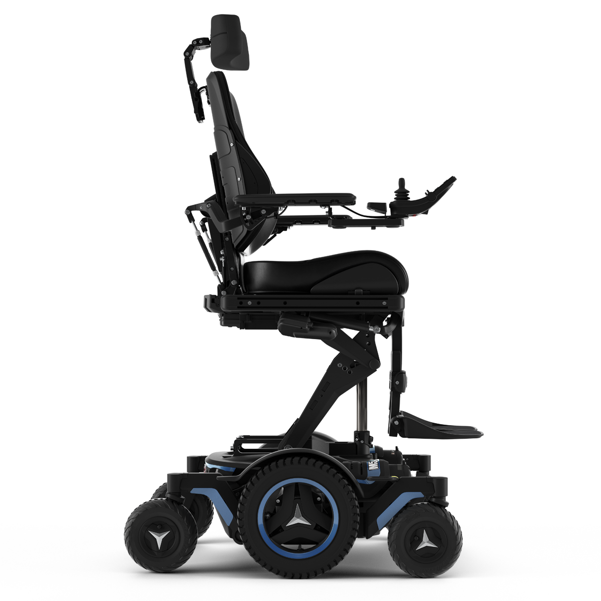 Corpus M5 power chair, elevated with optional ActiveHeight The Permobil Corpus M5 power chair with blue accents and black rehab seating is shown in an elevated position with the ActiveReach option.