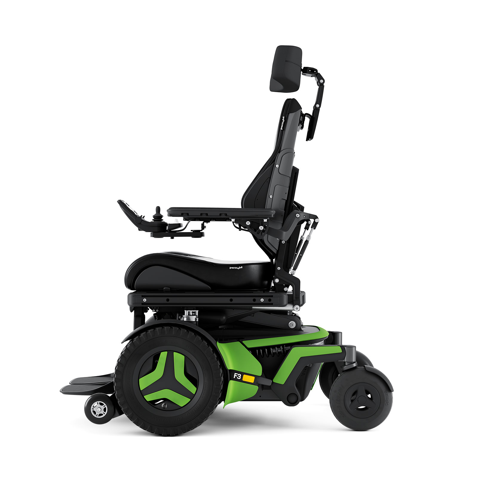 The F3 Corpus is shown from the side. It has bright green accents and black rehab seating, including a headrest.