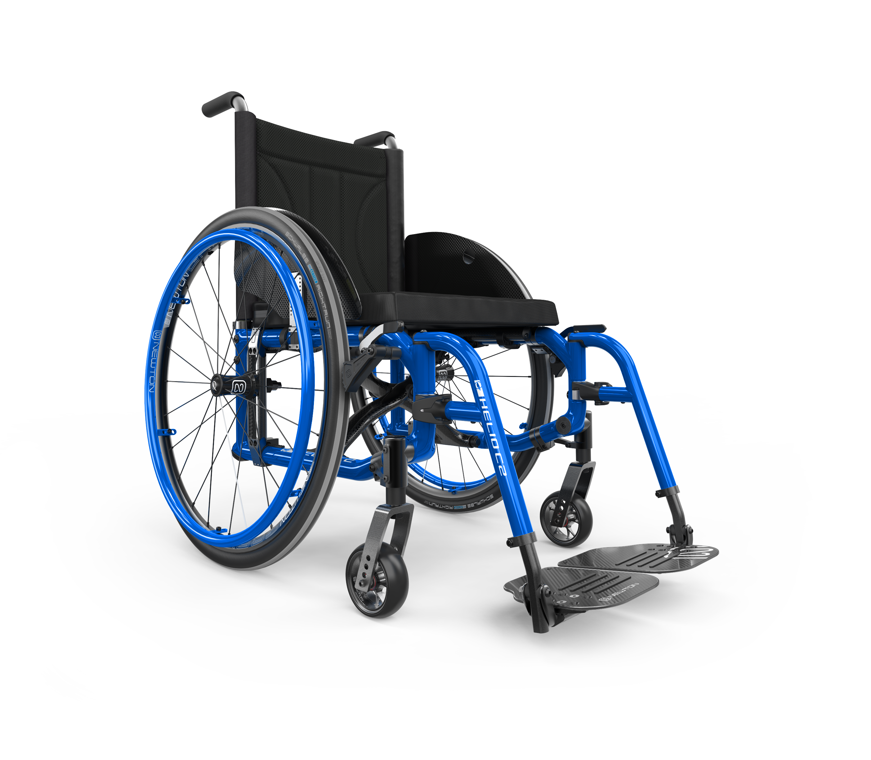 A Helio C2 lightweight folding wheelchair in blue is shown at an angle. It has spoke wheels, footrests and a padded backrest.