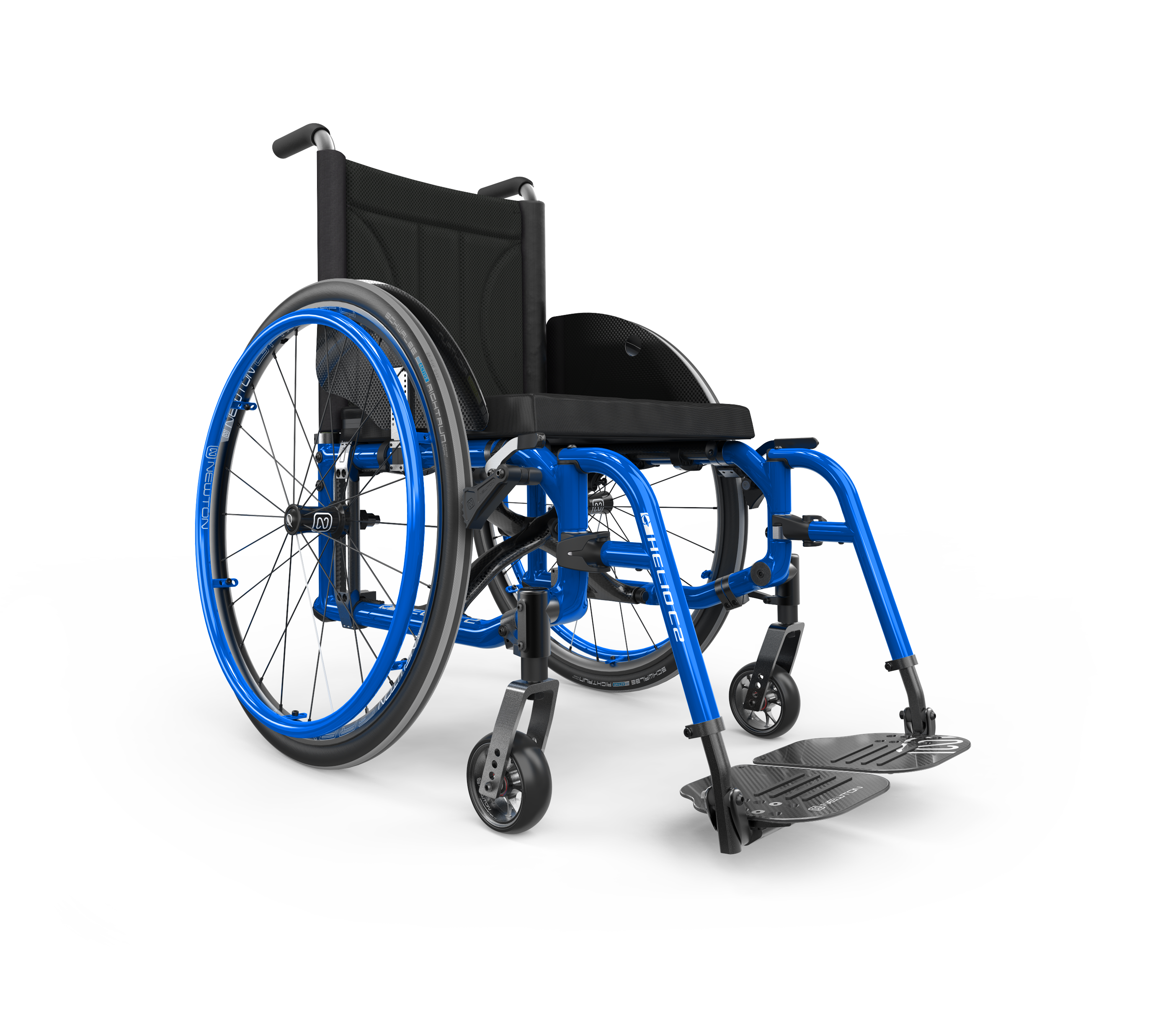 A Helio C2 lightweight folding wheelchair in blue is shown at an angle. It has spoke wheels, footrests and a padded backrest.