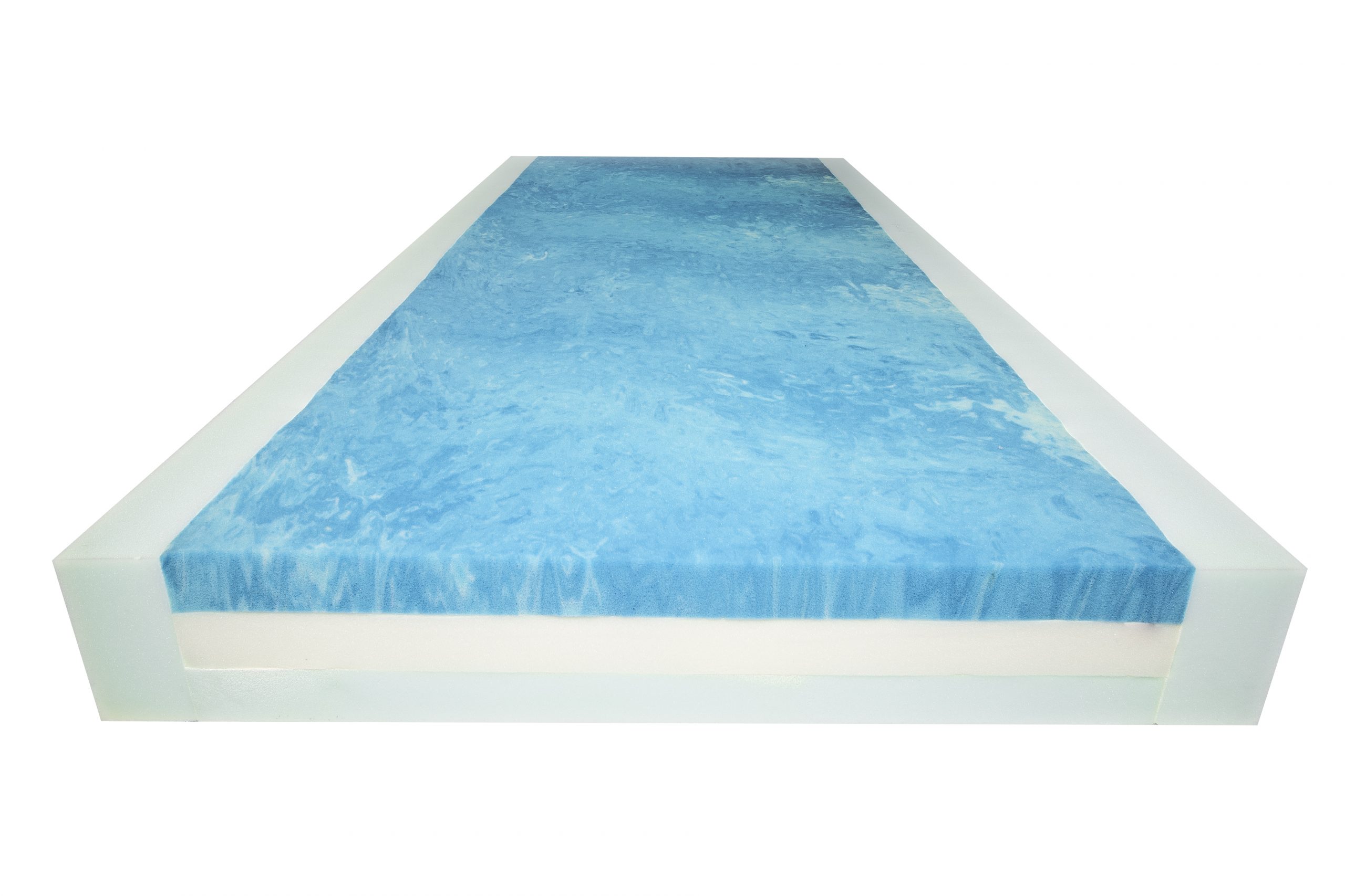 The Infusion mattress, without a cover, showing the dual-density foam base with gel-infused memory foam 2 inch topper