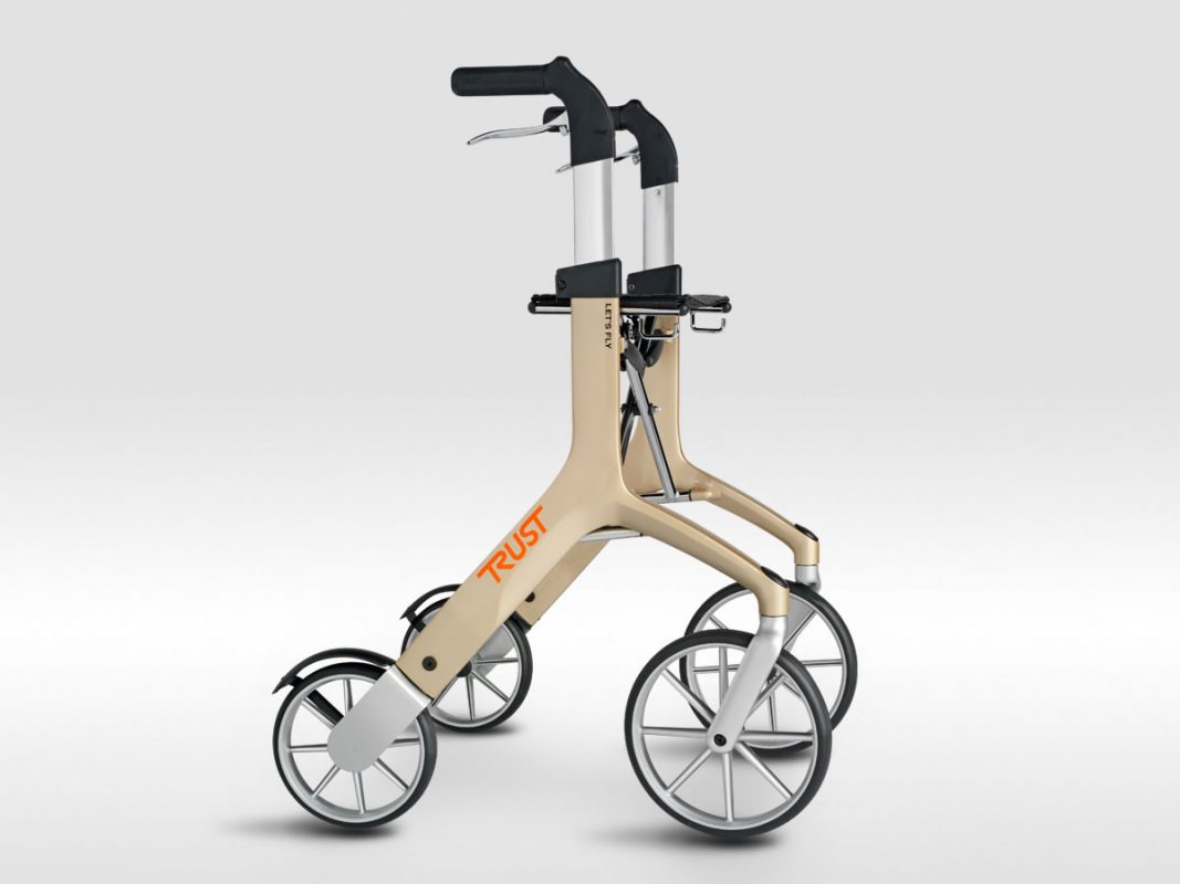 The Let's Fly Outdoor Rollator is shown in beige from the side. This walker is basketless (although it does come with one)