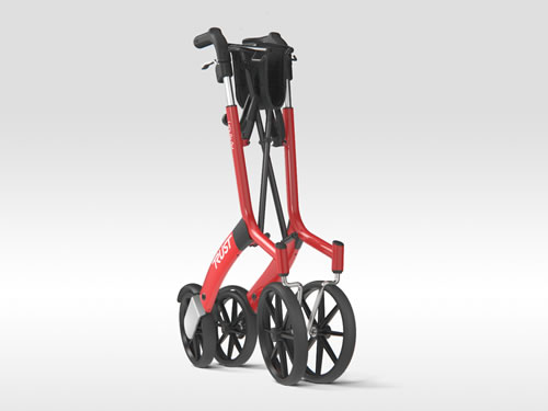 The Let's Go Out rollator in red is shown against a white background. It is folded compactly.