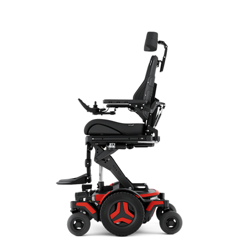 The Permobil M3 Corpus power chair with red accents is shown from the side, elevated by 12 inches with the optional ActiveHeight feature