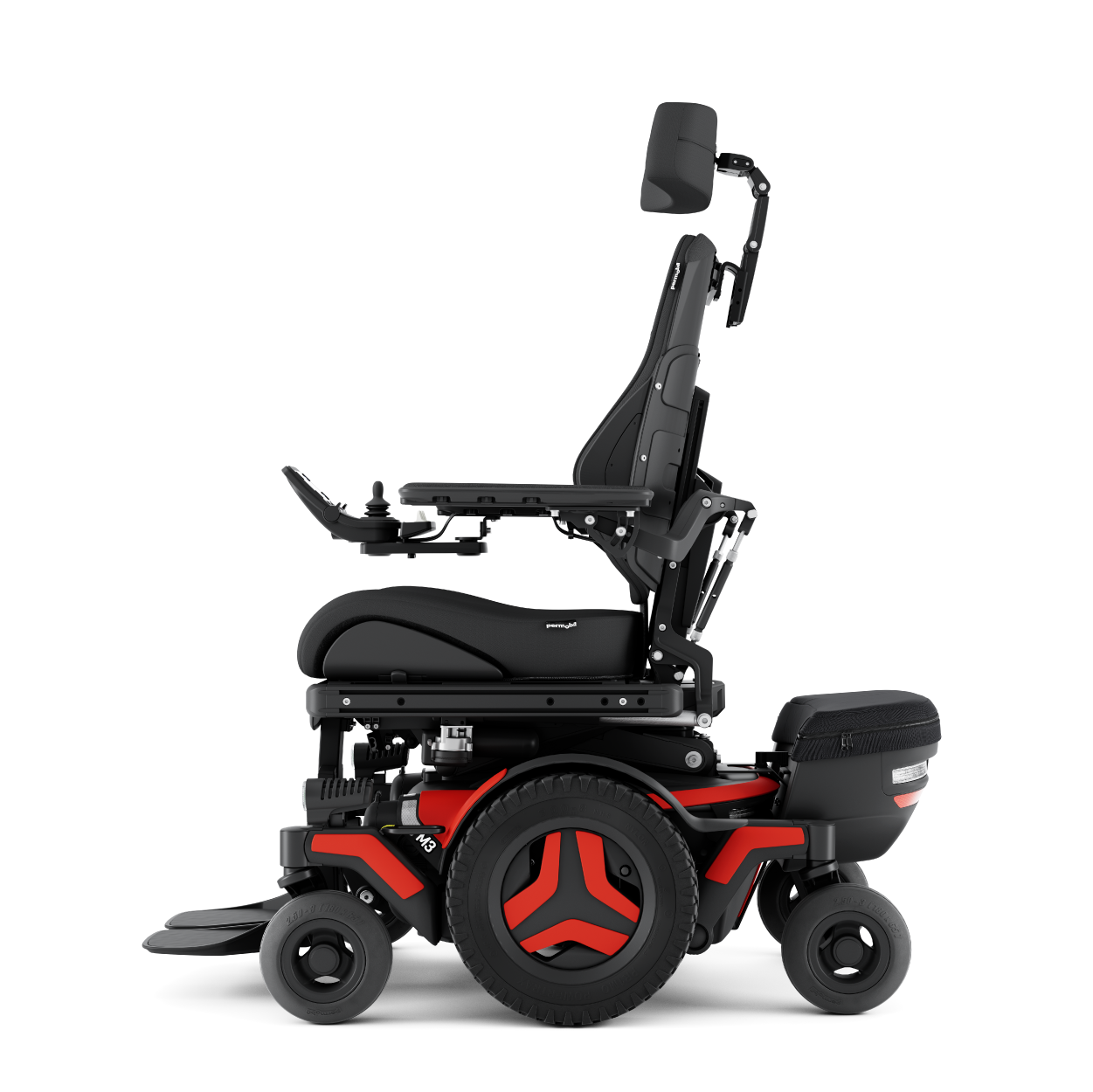 The Permobil M3 Corpus power wheelchair with red accents, shown with black rehab seating from the side.