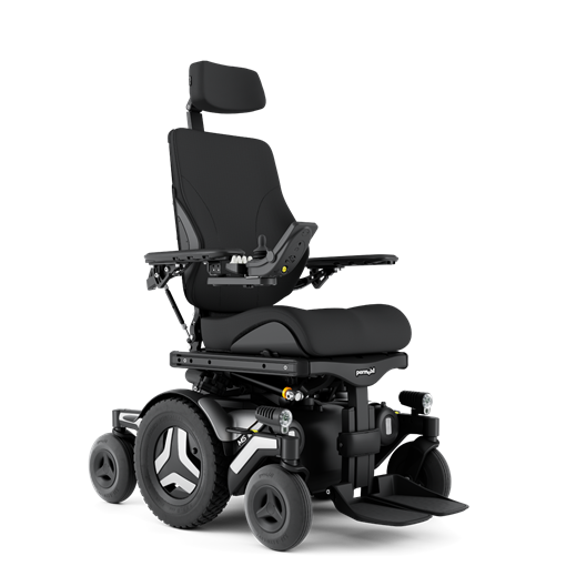The Permobil M5 Corpus power chair, shown at an angle with black rehab seating and white accents.
