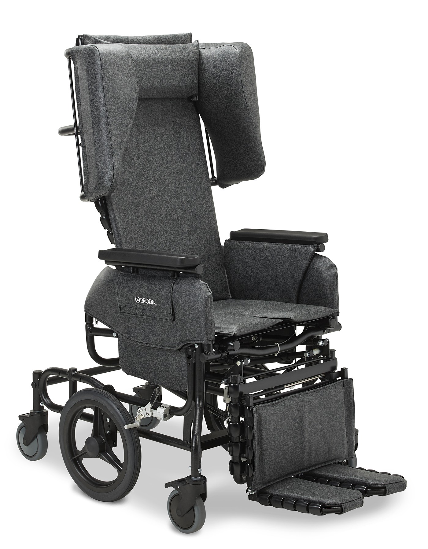 The Broda midline positioning wheelchair with optional large, self-propelling rear wheels.