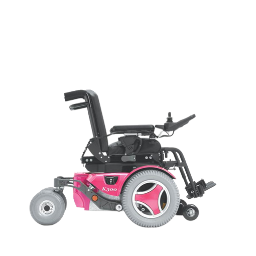 Permobil K300 PS Jr pediatric power wheelchair in pink, side view Permobil K300 PS Jr pediatric power wheelchair in pink, side view