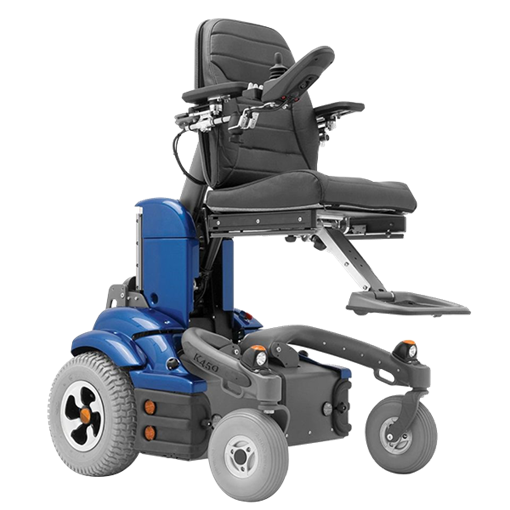 The Permobil K450 MX pediatric power wheelchair with the seat raised up