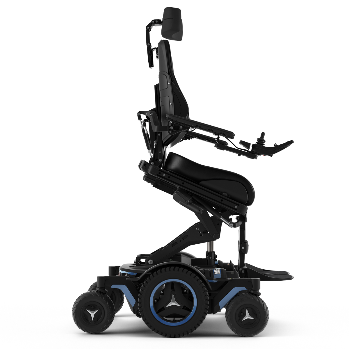 The Permobil M5 power chair with blue accents and rehab seating is shown in the ActiveReach position, using seat elevation and forward tilt to gain up to 4.5 inches of additional reach.