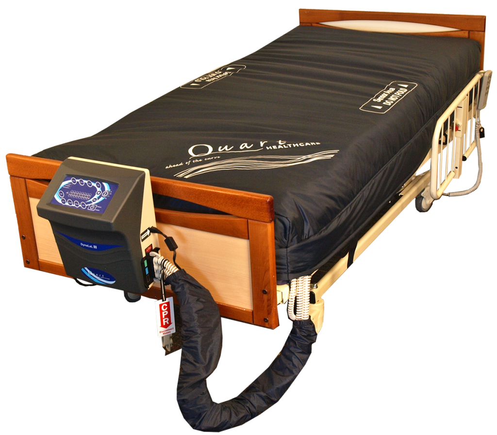 Quart DynaLAL III Low Air Loss Mattress The Quart DynaLAL III Low Air Loss Mattress on a bed connected to its air pump.
