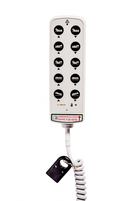 The hand pendant controller for the 8199 Home Care Bed is shown in a close-up
