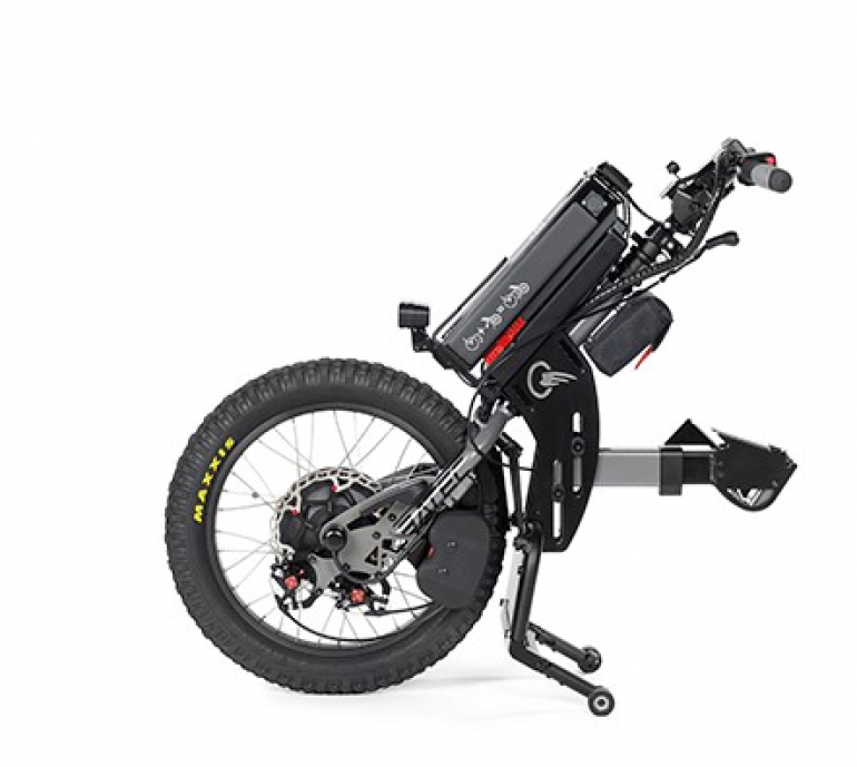 A beauty shot of the Batec Scrambler Electric Handbike, shown from the side.