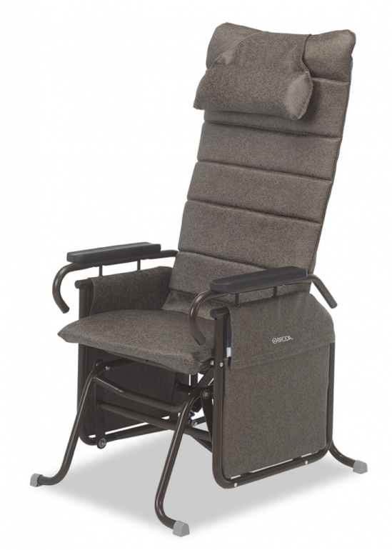 The Broda Tranquille Glider Chair in brown at an angle