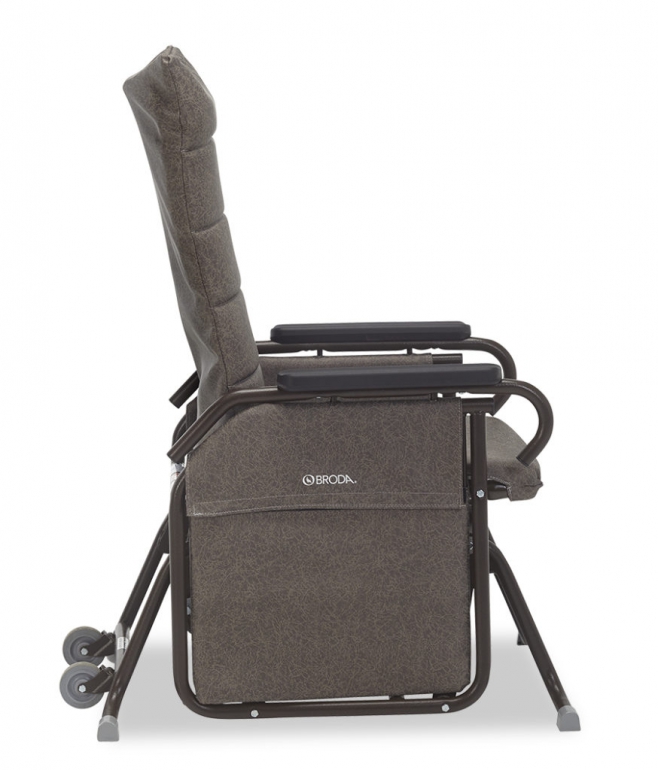 The Broda Tranquille Glider Chair in brown, shown from the side