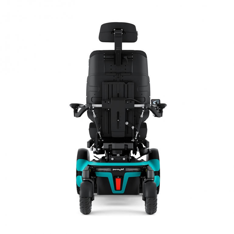 The Corpus F5 power chair is shown from the rear. It has light blue accents and black rehab seating, including a headrest.