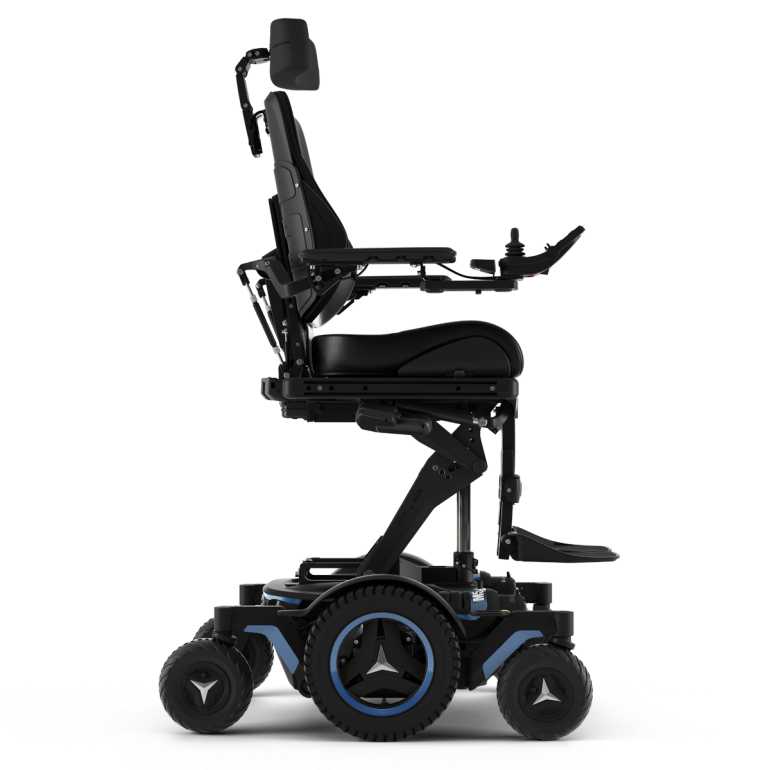 The Permobil Corpus M5 power chair with blue accents and black rehab seating is shown in an elevated position with the ActiveReach option.