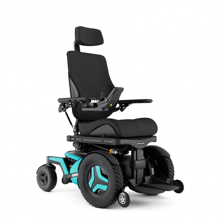 The F5 Corpus power chair with light blue accents is shown at an angle. It has black rehab seating including a headrest.
