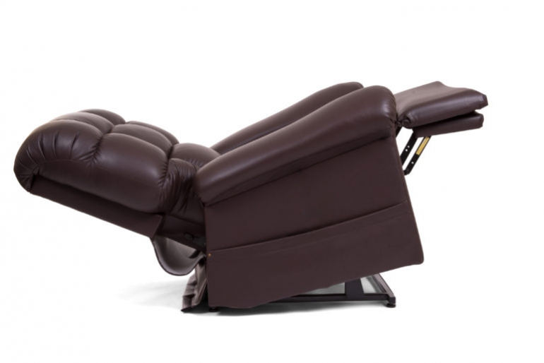 Twilight Cloud lift chair in Brisa fabric coffee bean colour, reclined position.