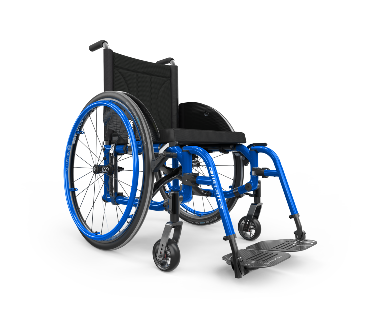 A Helio C2 lightweight folding wheelchair in blue is shown at an angle. It has spoke wheels, footrests and a padded backrest.