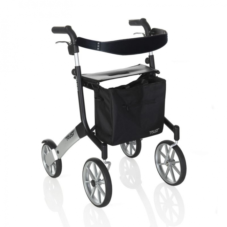 Let's Go Out Outdoor Rollator in black and silver, shown at a slight angle against a white background. It has a black fabric basket at the front.