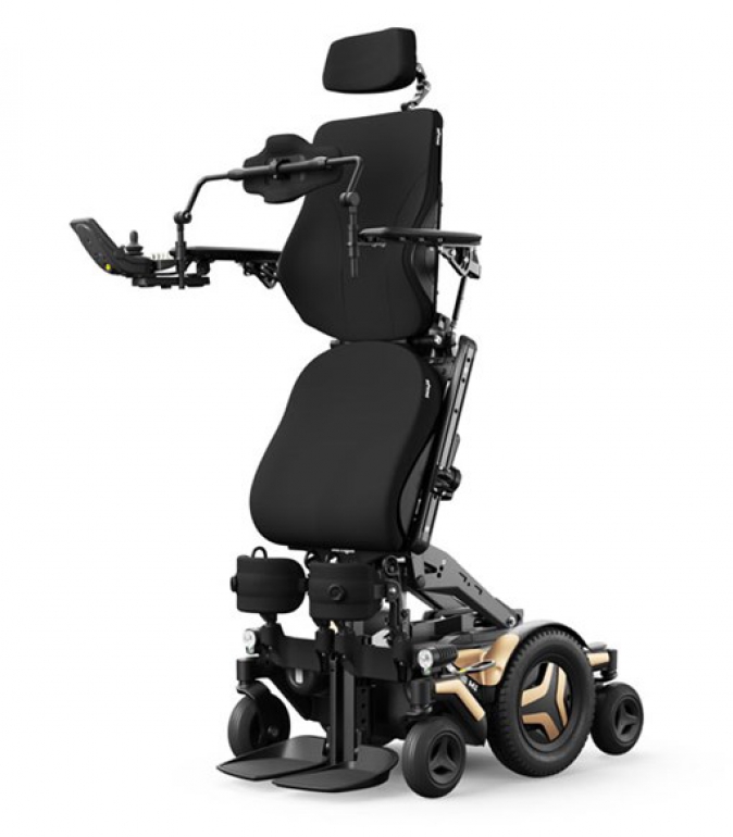 The M Corpus VS Standing Wheelchair shown in the fully upright, standing position