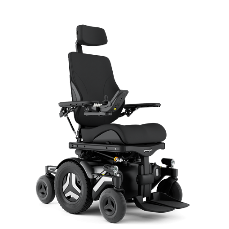 The Permobil M5 Corpus power chair, shown at an angle with black rehab seating and white accents.