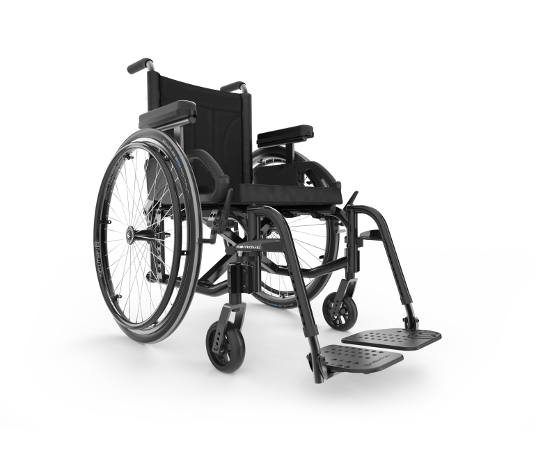 A black Move manual wheelchair sits at an angle. It has a padded backrest, spoke handrims & footrests.