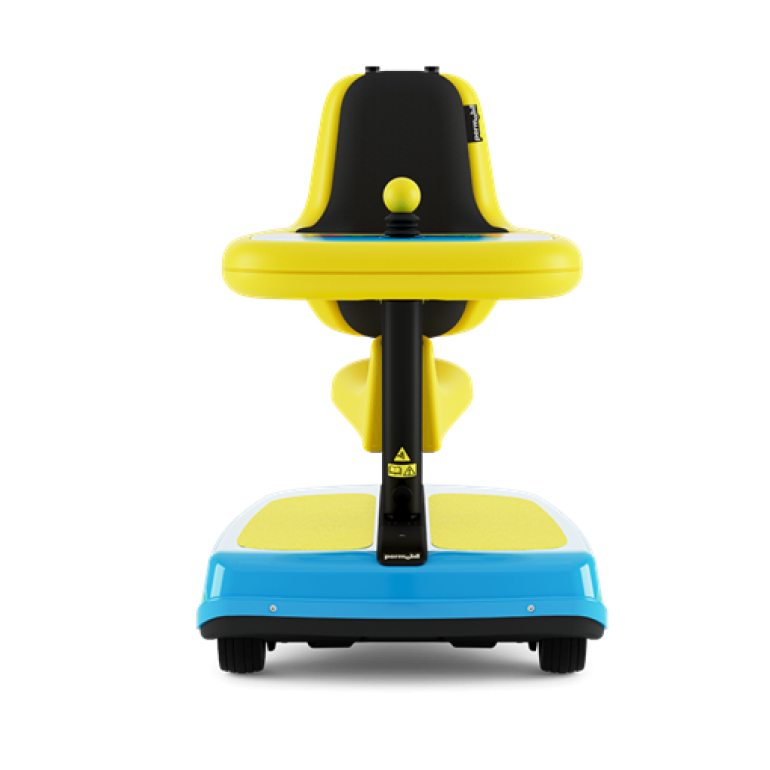 The Permobil Explorer Mini, a pediatric power mobility device, is shown from the front. It's bright yellow and turquoise with fish sticker decorations.