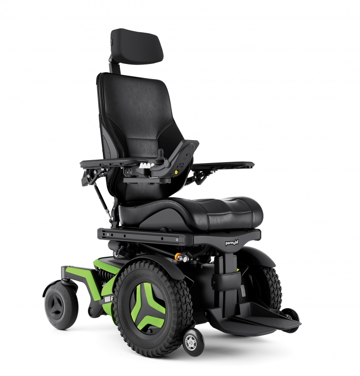 The F3 Corpus is shown at an angle. It has bright green accents and black rehab seating.