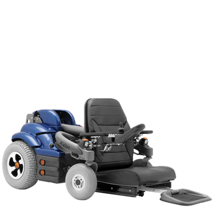The Permobil K450 MX pediatric power wheelchair with the seat at ground level