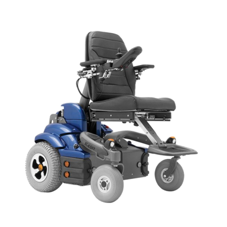 The Permobil K450 MX pediatric power wheelchair with the seat at regular height