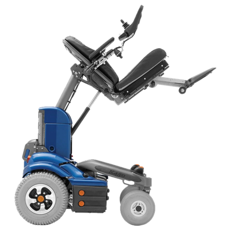 The Permobil K450 MX pediatric power wheelchair with the seat raised up and tilted back