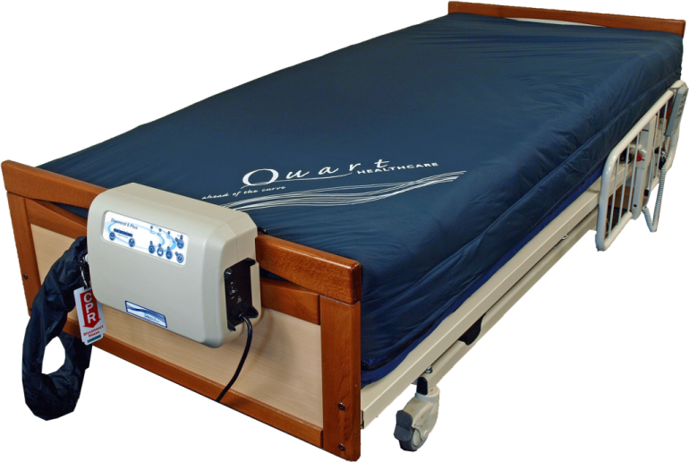 The Quart Diamond 8 Plus Low Air Loss Mattress shown on a hospital bed, attached to its air pump