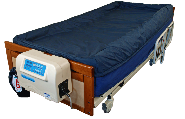 The Quart Elite Turn Low Air Loss Air Mattress is shown on a hospital bed, attached to its air pump