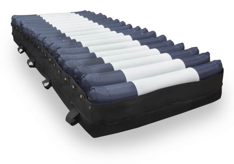 The Salute RDX mattress without a cover, in dark blue and grey