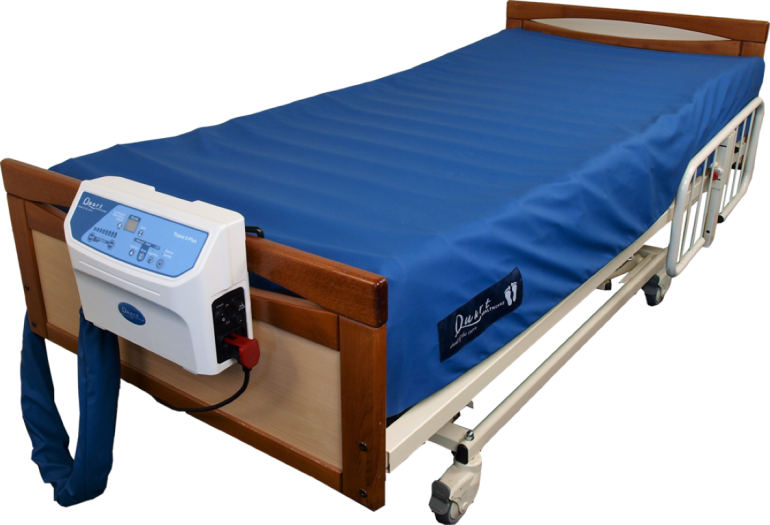 Topaz 8 Plus Low Air Loss Mattress is shown on a hospital bed, attached to its air pump.