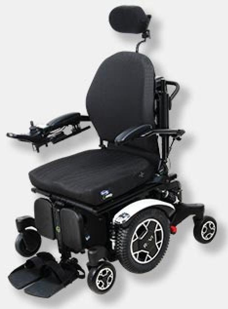 The ROVI A3 power wheelchair with white trim, cushion, backrest & headrest