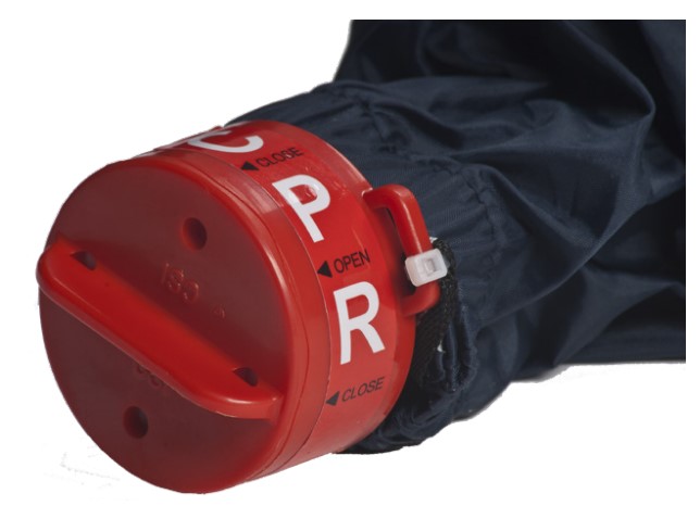 Salute RDX CPR valve The red CPR valve on the Salute mattress is shown in a close up