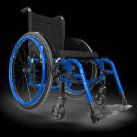 A Helio C2 lightweight folding wheelchair in blue is shown at an angle. It has spoke wheels, footrests and a padded backrest.