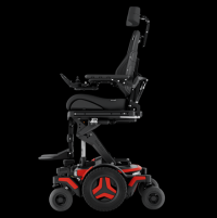 The Permobil M3 Corpus power chair with red accents is shown from the side, elevated by 12 inches with the optional ActiveHeight feature thumbnail
