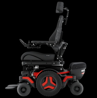 The Permobil M3 Corpus power wheelchair with red accents, shown with black rehab seating from the side. thumbnail